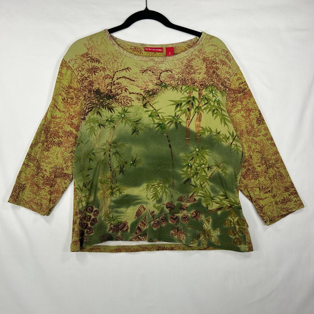 vGloria Vanderbilt Vintage Green Bamboo Beaded Sequin Top XL Cotton Botanical